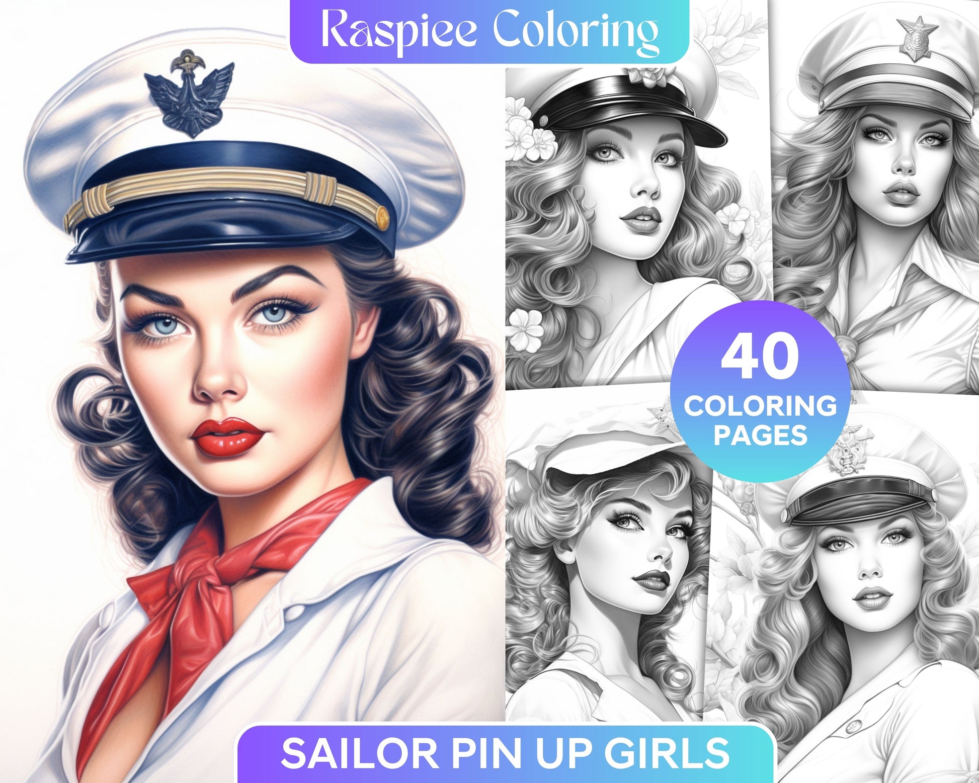 Sailor pin up girls grayscale coloring pages printable for adults â coloring