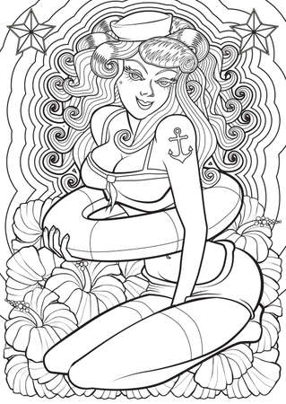 Adult coloring book illustration tattoo set pin
