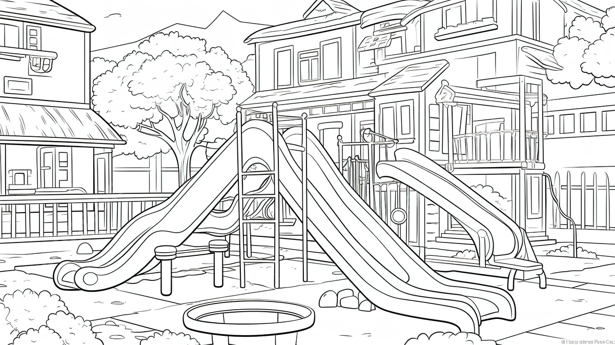 An image of a playground area with houses and playground equipment coloring pages background playground coloring picture playground colorful background image and wallpaper for free download