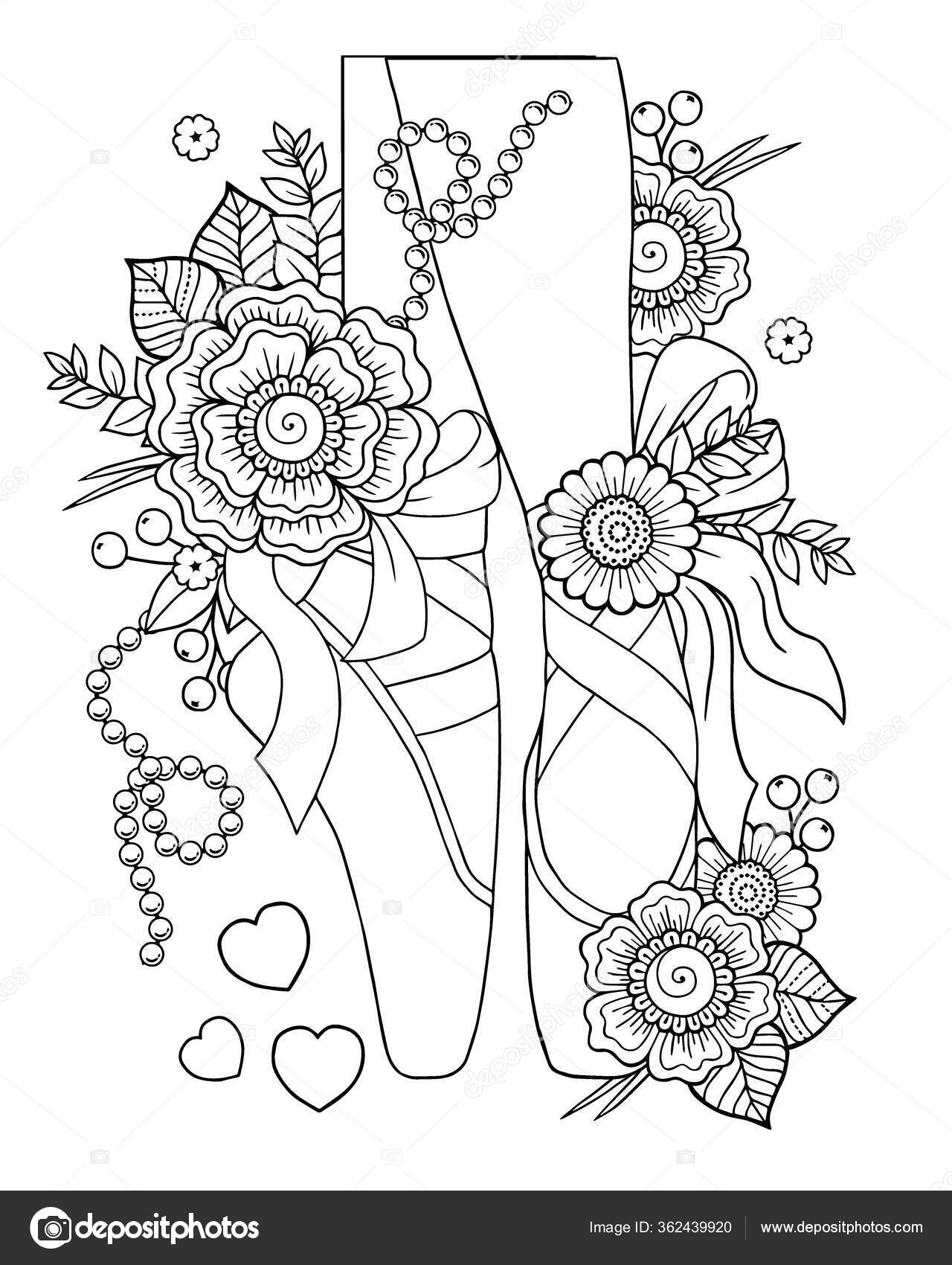 Vector coloring book adults ballerina legs pointe shoes stylized flowers stock vector by natasha