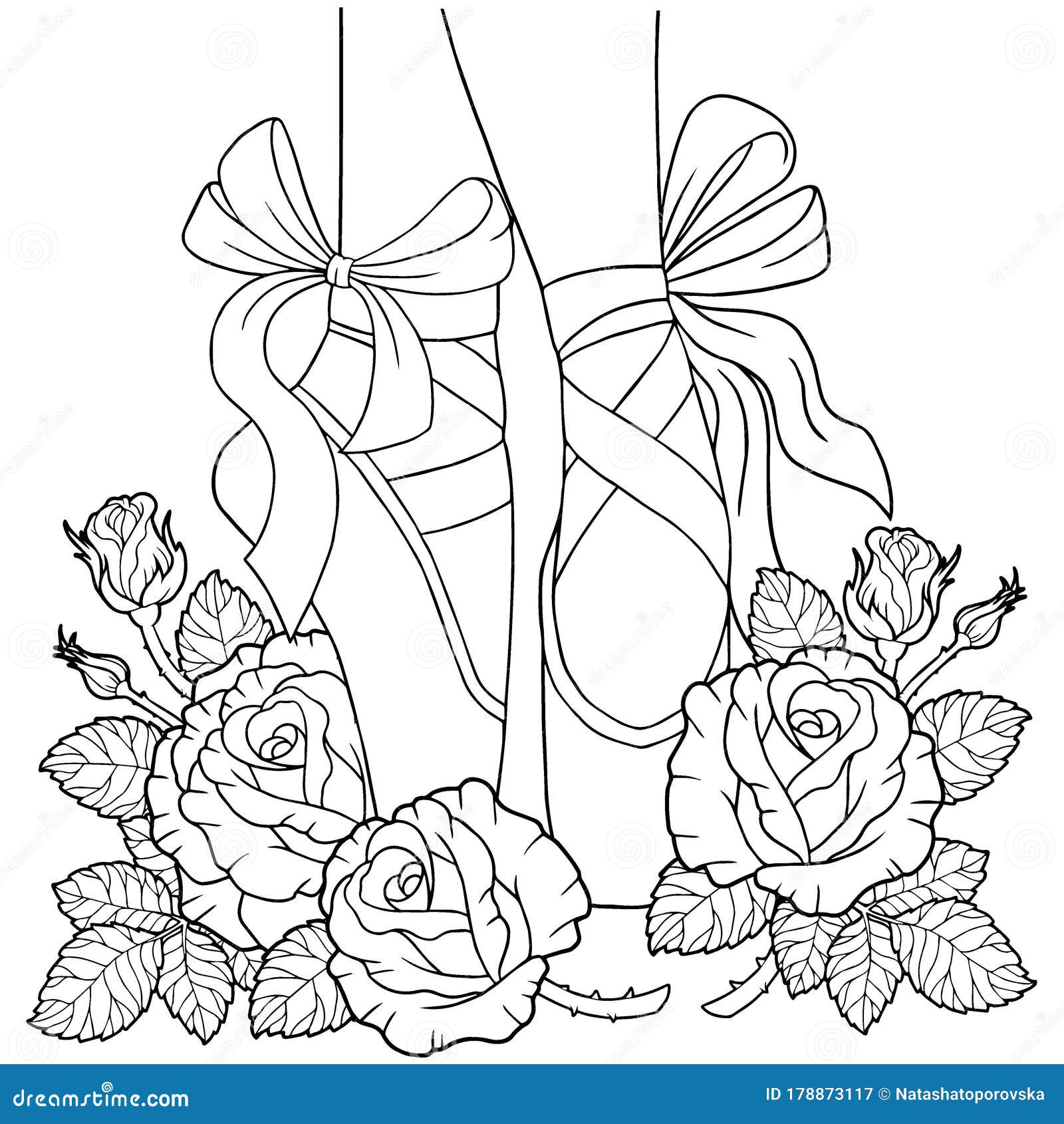 Black and white outline vector coloring book for adults legs of a ballerina in pointe shoes among the flowers of roses with stock vector