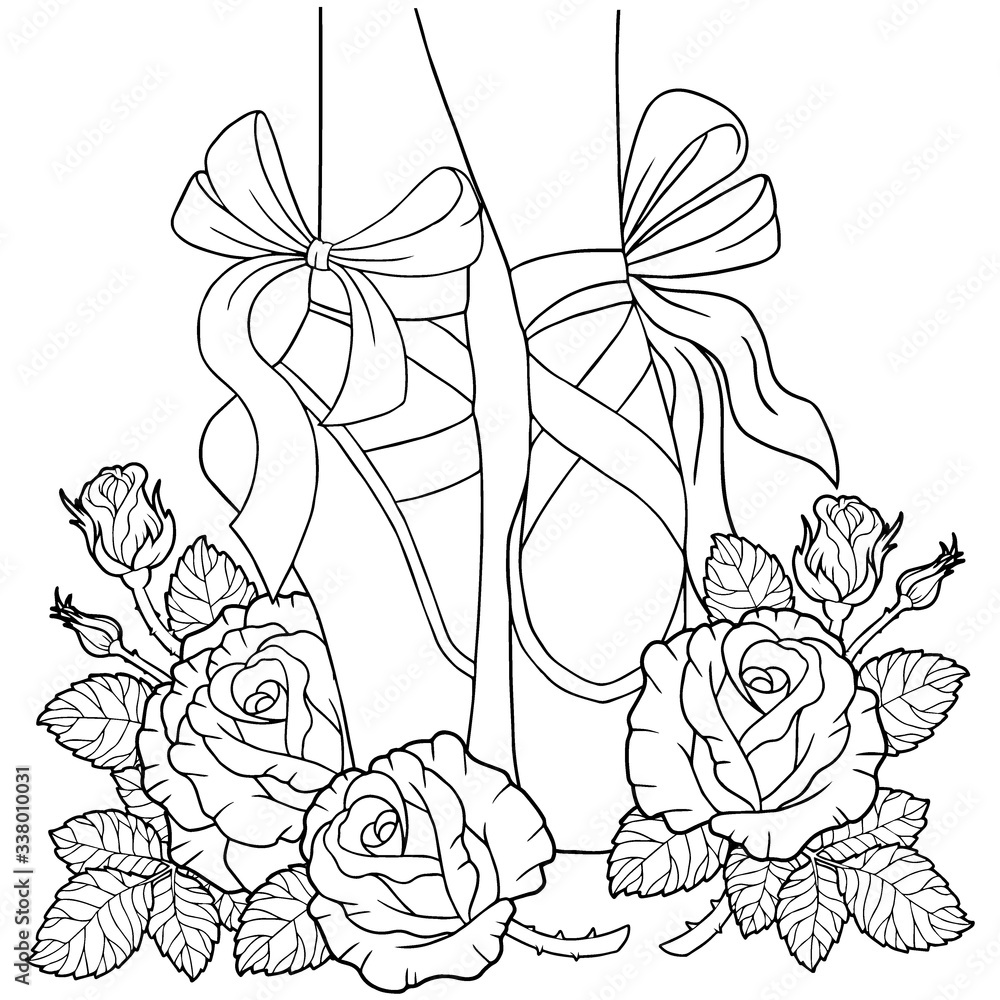 Black and white outline vector coloring book for adults legs of a ballerina in pointe shoes among the flowers of roses with thorns vector