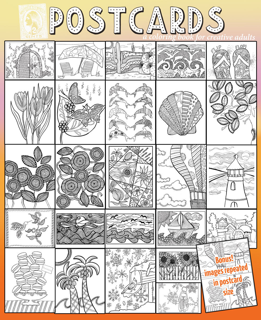 Postcards coloring book for creative adults printable version
