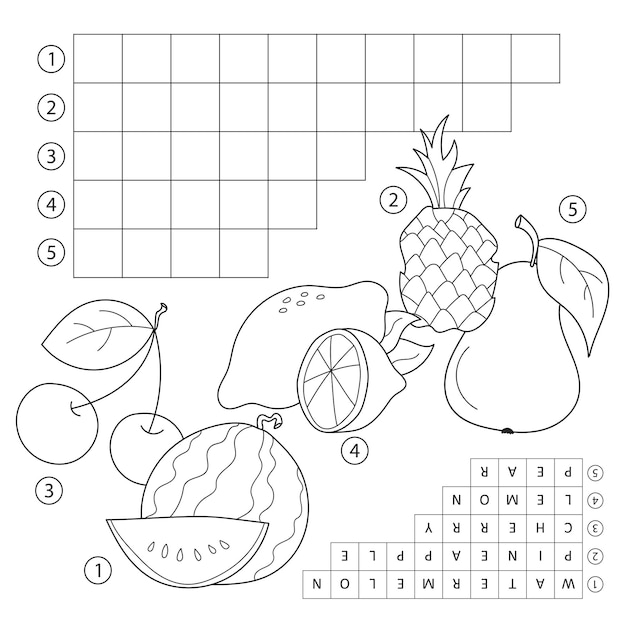 Premium vector crossword puzzle game with fruits educational page for children for study english words vector cartoon image and coloring book