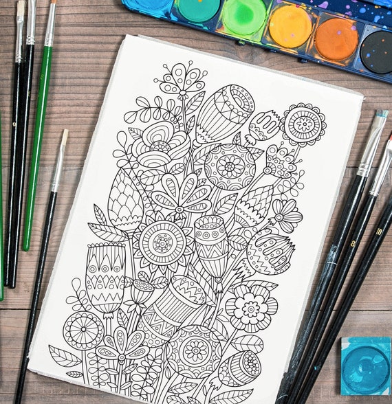 Adult coloring page ethnic flowers doodle art diy coloring poster printable pdf instant download
