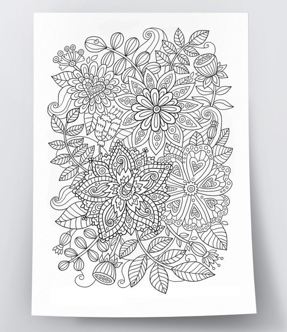 Adult coloring page flowers doodle art diy coloring poster printable pdf instant download