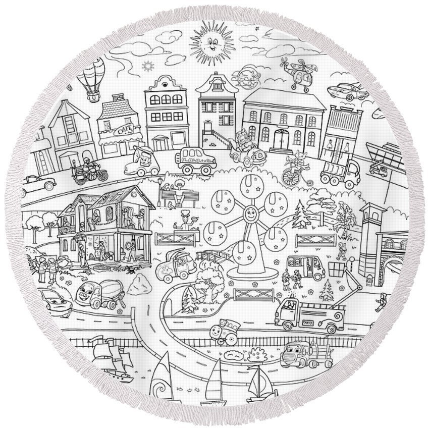 Printable coloring pages for children poster transport city line art illustration round beach towel by olha zolotnyk