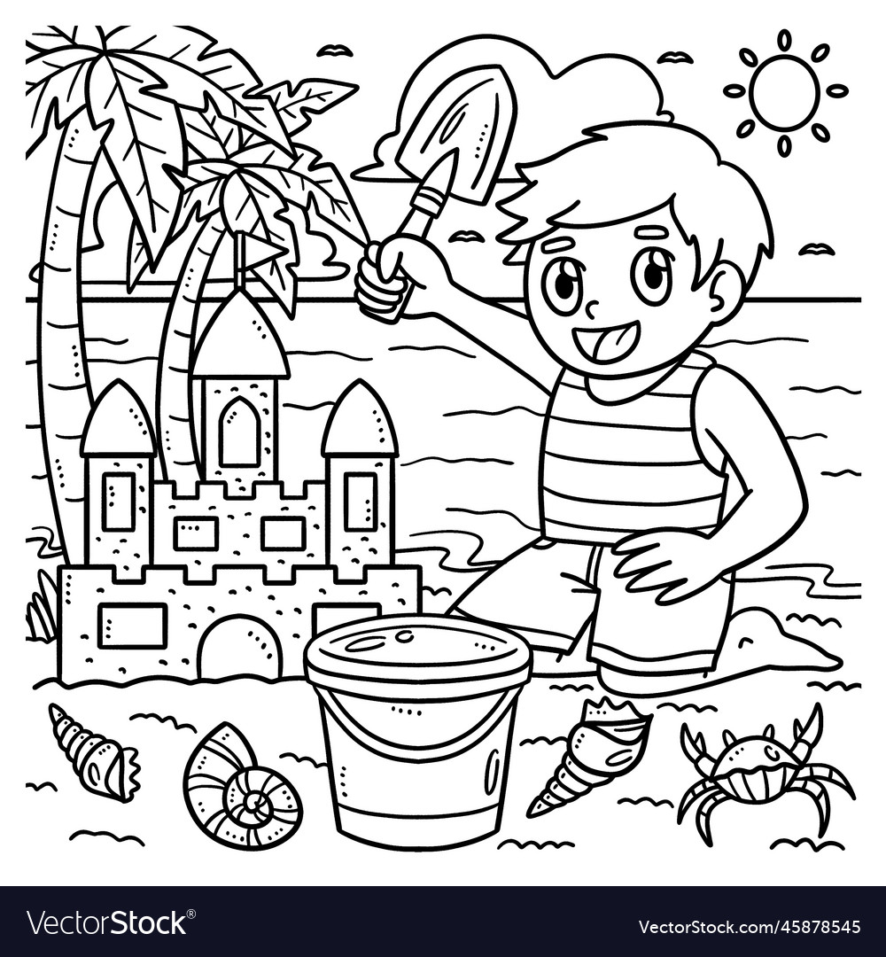 Summer child building sand castle coloring page vector image
