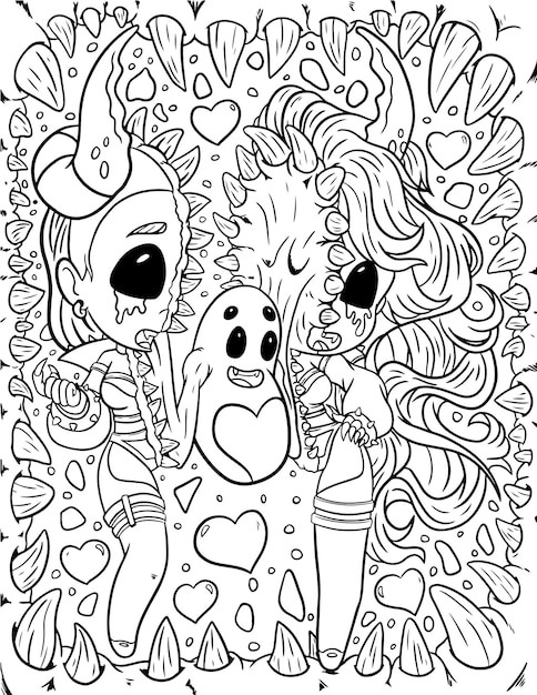 Premium vector cute and creepy kawaii pastel goth adult coloring page