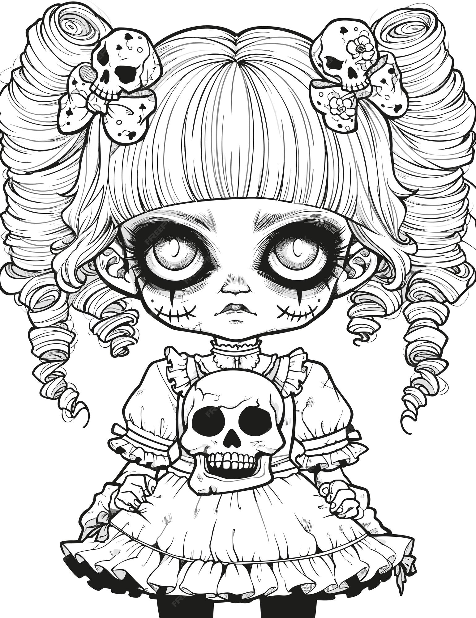 Premium vector doll with scary sinister expression spooky gothic horror coloring page clean line drawing strong
