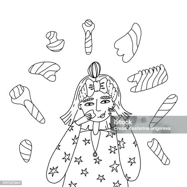 Young woman doing gua sha scraper facial massage a lot of various rollers massagers scrapers for