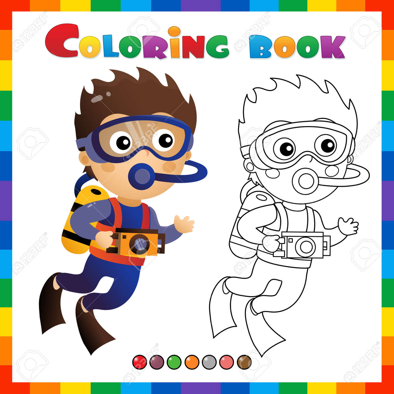 Coloring page outline of cartoon little boy scuba diver marine photography or shooting underwater world coloring book for kids royalty free svg cliparts vectors and stock illustration image
