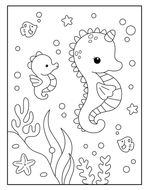 Premium vector cute seahorse coloring pages for kids