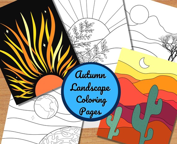 Autumn landscape coloring pages fall coloring sheets procreate coloring pdf boho landscape coloring book printable nature coloring pages