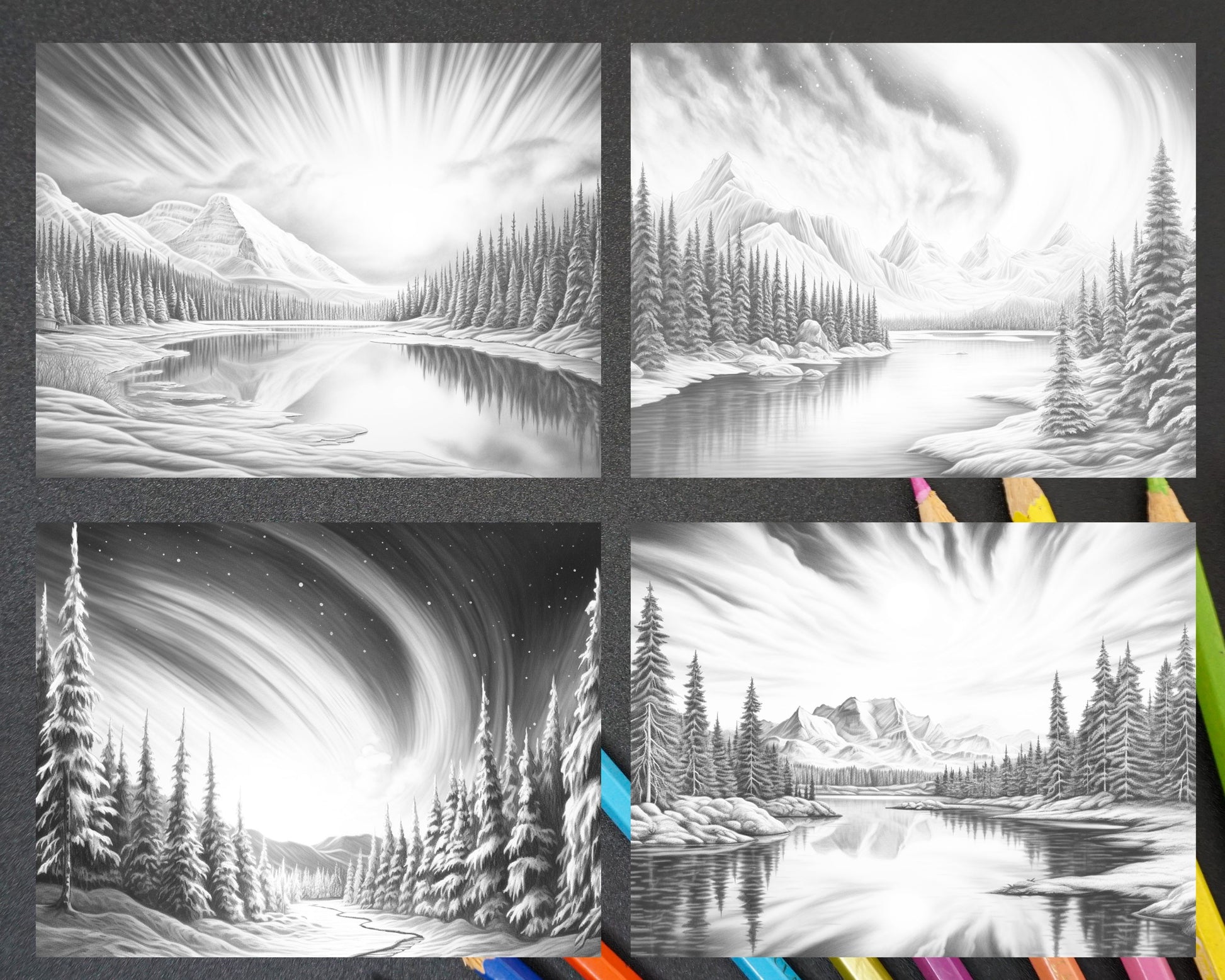 Aurora borealis landscape grayscale coloring pages for adults printab â coloring