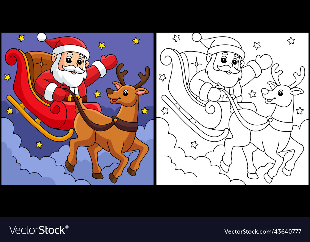 Christmas santa sleigh and reindeer coloring page vector image