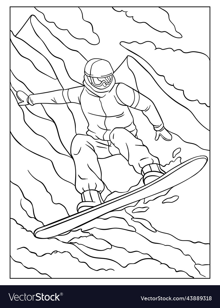 Snowboarding coloring page for kids royalty free vector