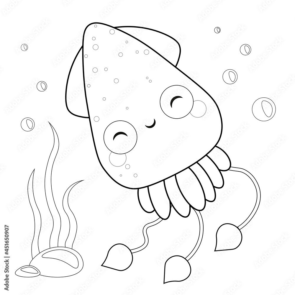 Cute squid coloring page vector illustration isolated on white sea life coloring page illustration featuring an coloring vector