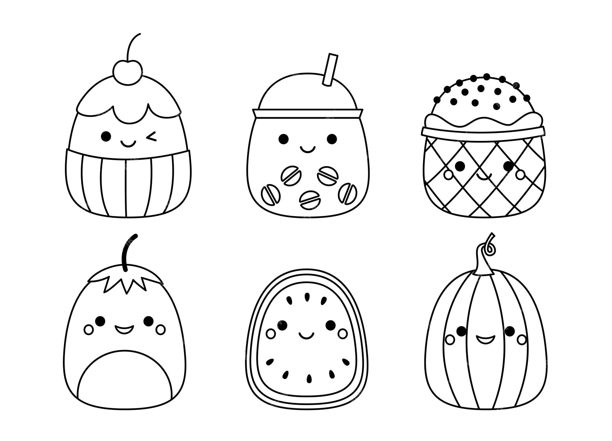 Premium vector cupcake coffee ice cream pumpkin squishmallow coloring page black and white vector
