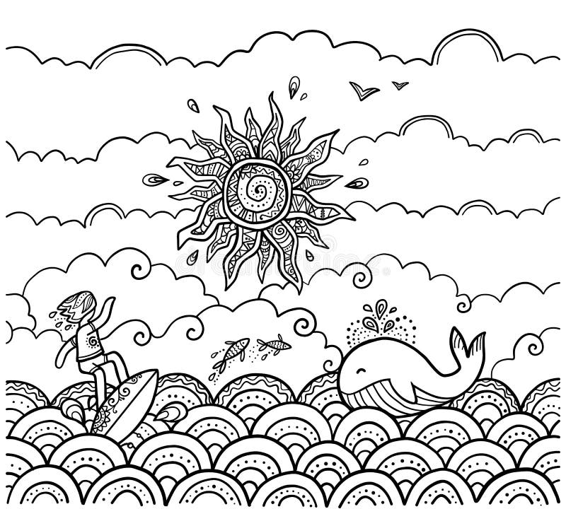 Doodle style coloring book page vector surfing illustration with sun surfer and whale on waves stock vector