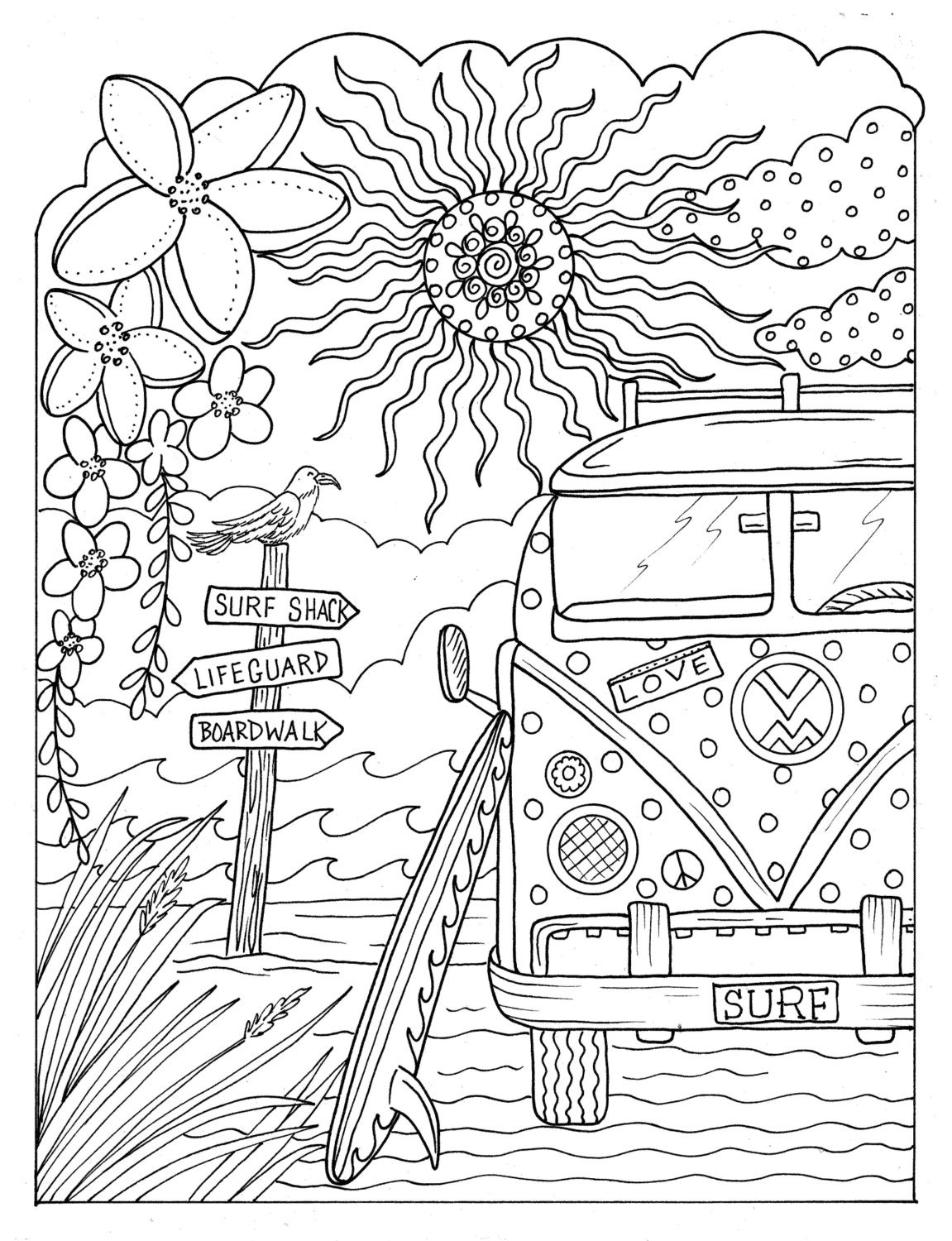 Pages beachy escape coloring digital color pages shells ocean surf tiki dolpjins palm trees instant downloads