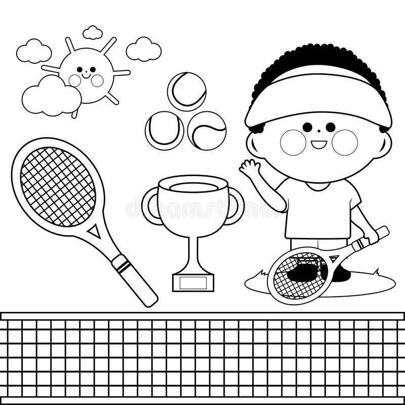 Tennis player boy vector black and white coloring page stock vector