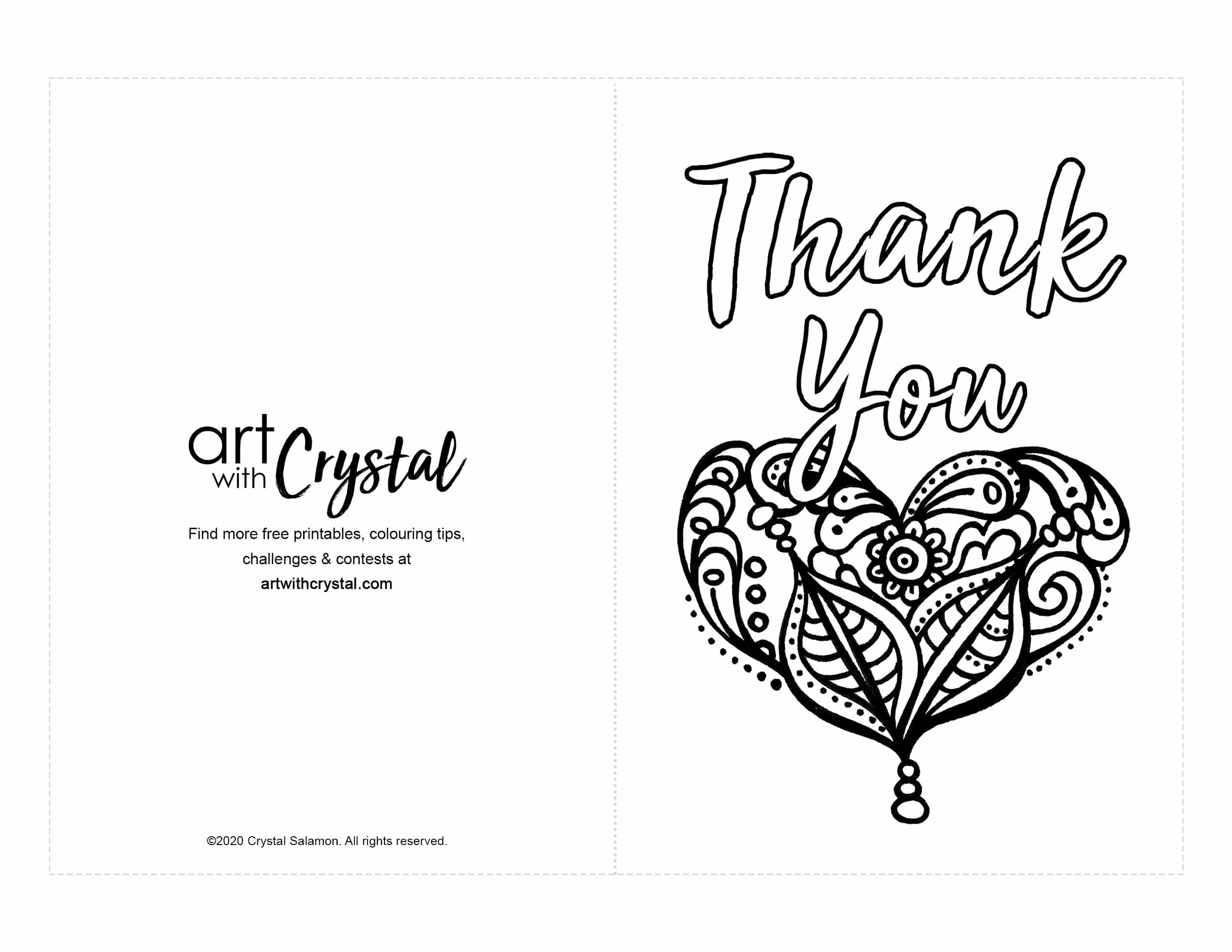 Thank you card printable colouring page craft art with crystal