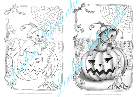 Coloring page for adults set of a coloring pages halloween kitten greyscale line art pdf download and print