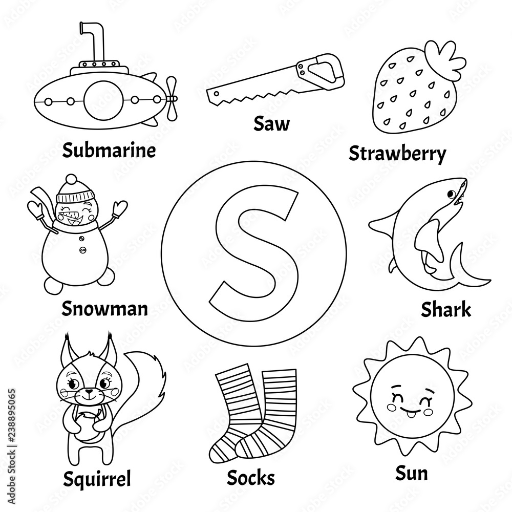 Learning card alphabet letter s set of cute cartoon illustrations coloring page vector