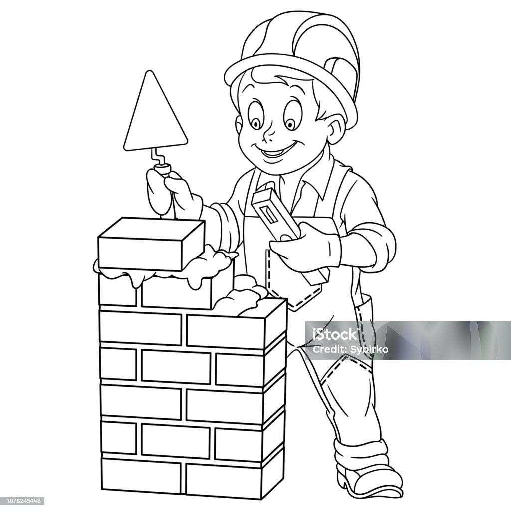 Coloring page with man building a wall stock illustration