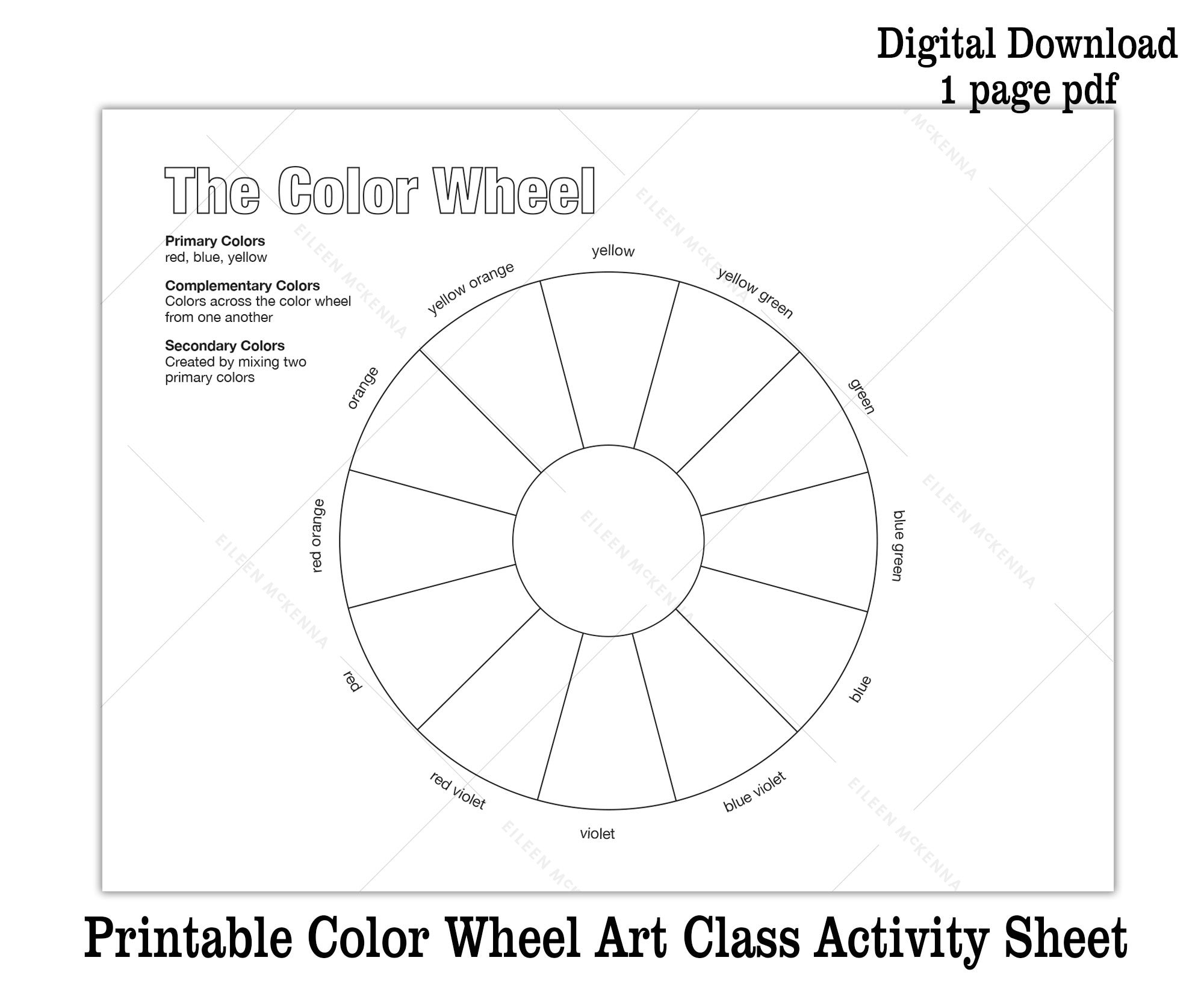 Printable color wheel kids art class activity sheet digital download coloring sheet black and white color theory worksheet