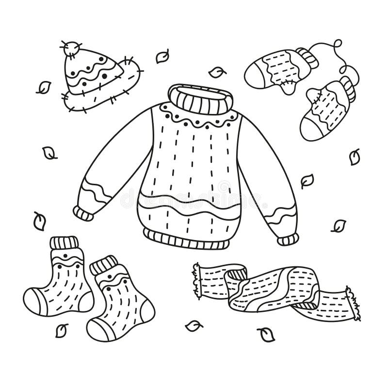 A set of cozy knitted warm clothes coloring page stock vector