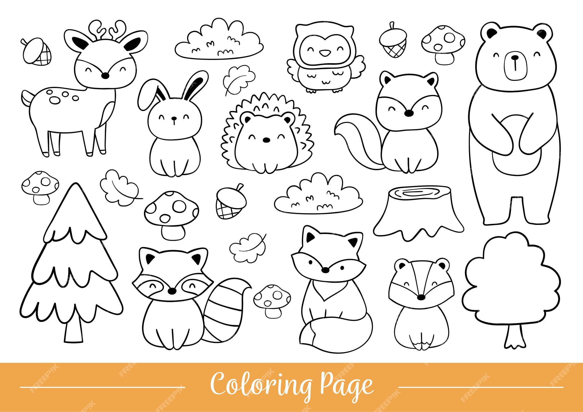 Premium vector draw coloring page woodland animals doodle cartoon style