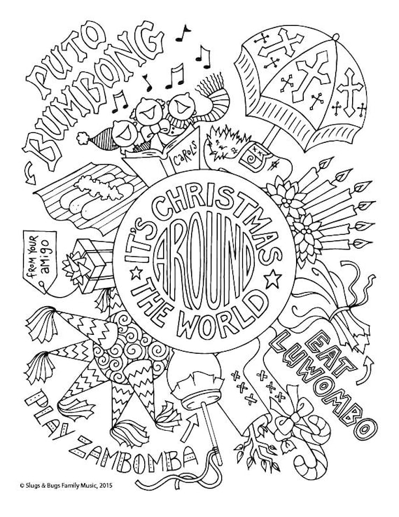 Christmas around the world coloring page kids holiday slugs and bugs printable download pdf