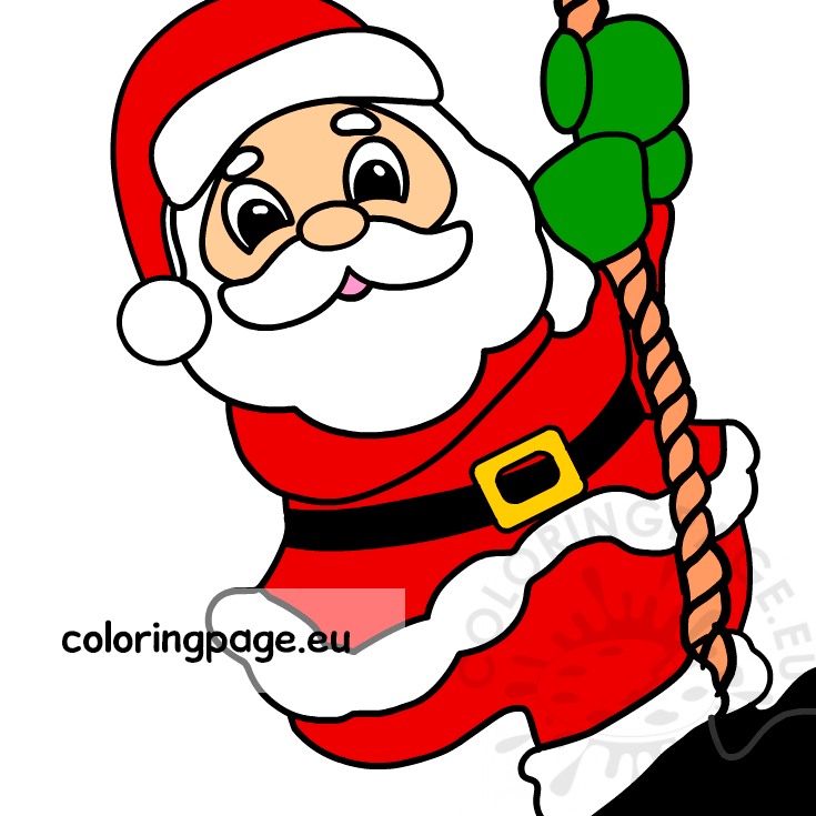 Santa claus climbs on rope printable coloring page