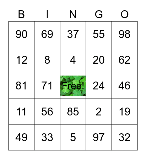 St patricks theme bingo card
