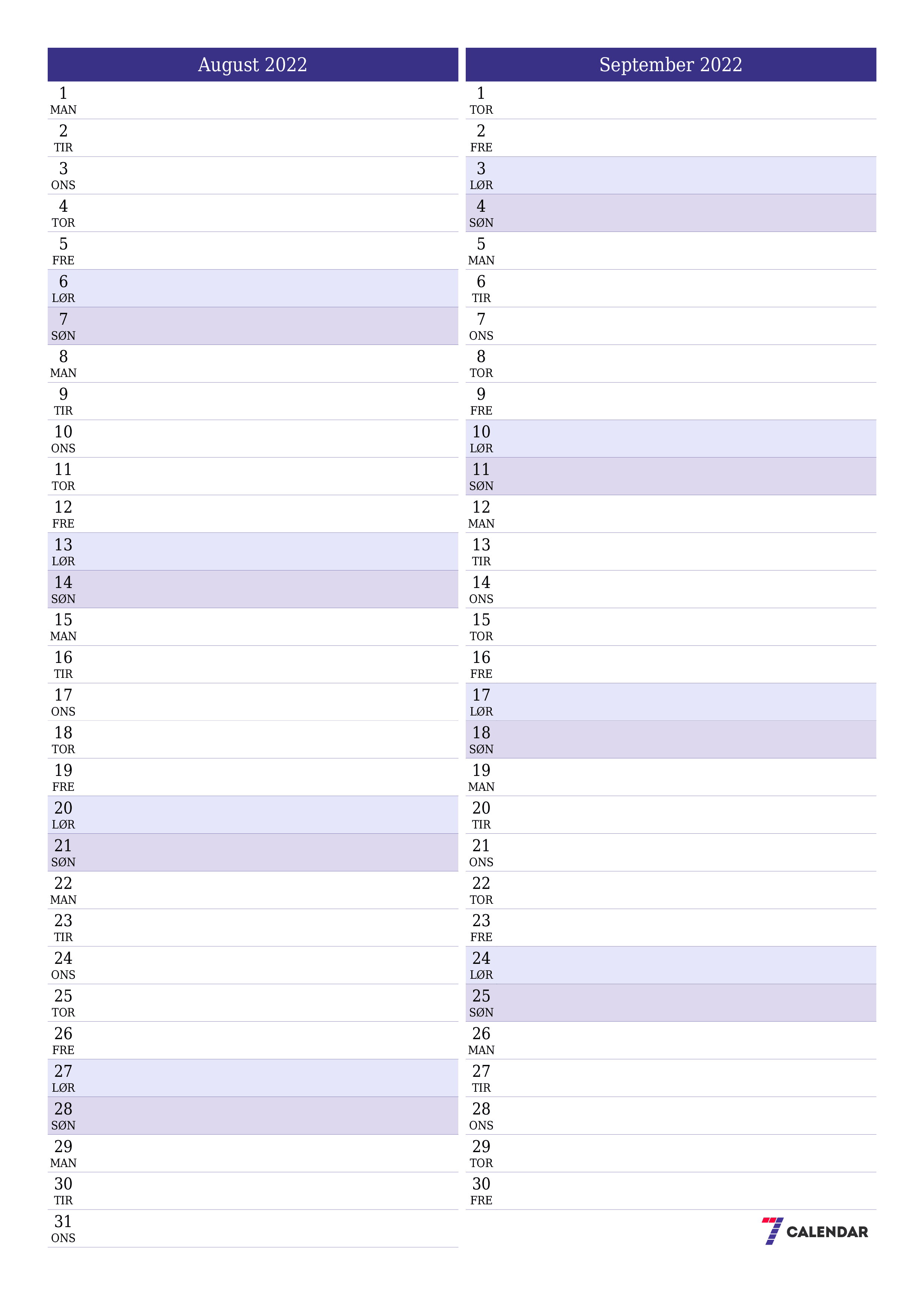 Kalendere og planlãggere til udskrivning august a a til pdf og png