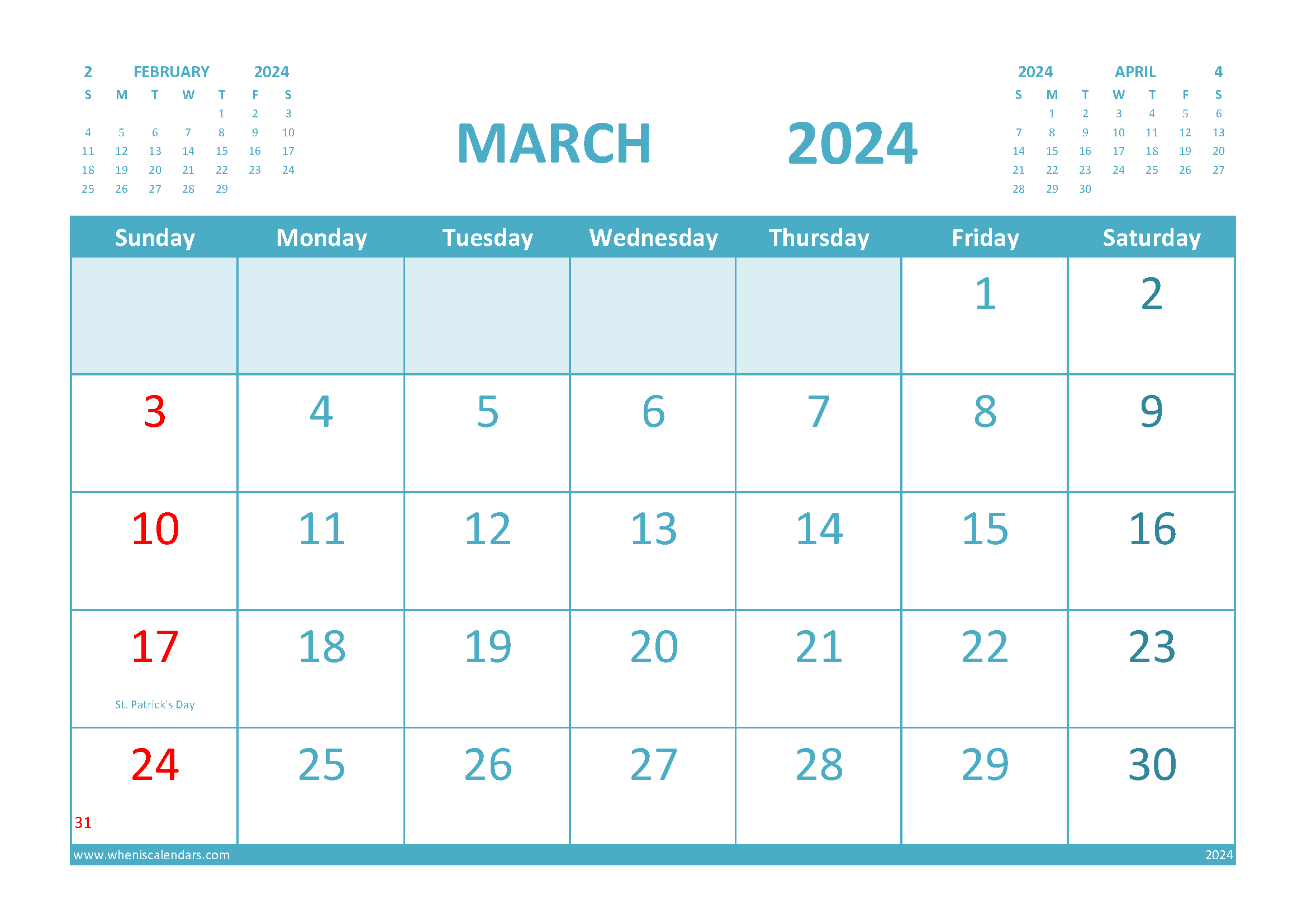 Free march calendar printable with holidays