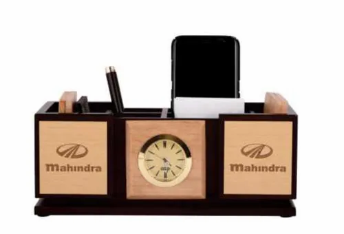 Wooden brown pen stand with calculator