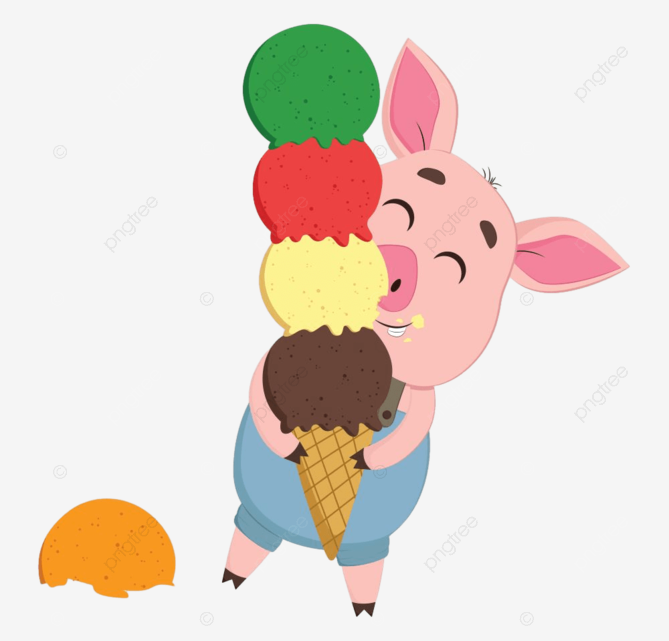 Ice cream cones vector art png a cute little cartoon pig in blue costume enjoys a multi layered colorful cone ice cream while his orange cap lies on the ground vector color