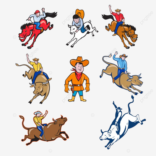 Bucking bronco vector png images set or collection of cartoon character mascot style illustration of a rodeo cowboy riding bucking bronco or bull on isolated white background cartoon horse set png image
