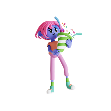 Girl popping confetti and celebrating new year d illustration download in png obj or blend format