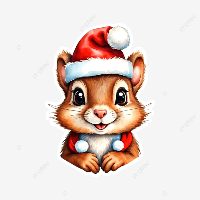 Watercolor painting sticker of cute squirrel wearing a santa hat christmas cartoon christmas day christmas sticker png transparent image and clipart for free download