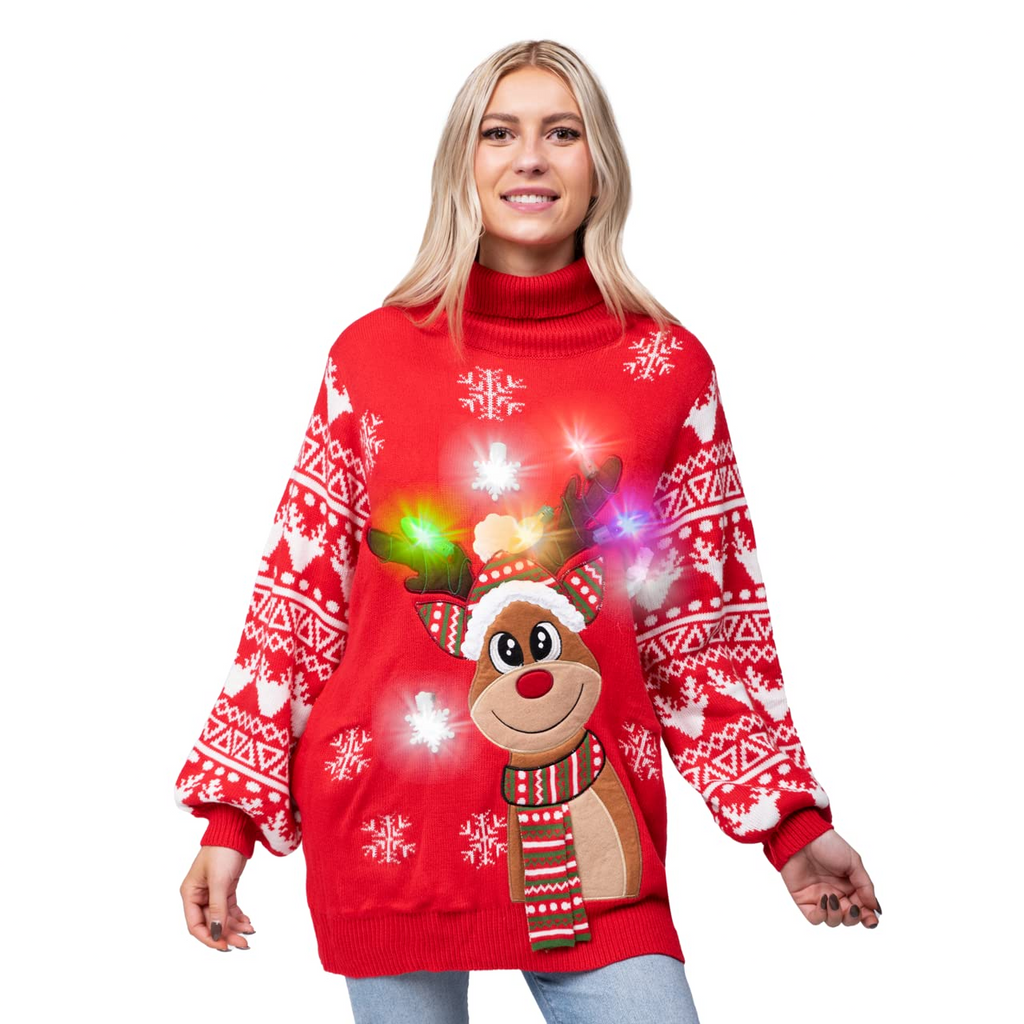 Adult christmas reindeer long ugly sweater with light bulbs