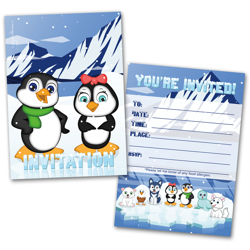 Penguins party invitation cards for kids invites envelopes â leigha marina