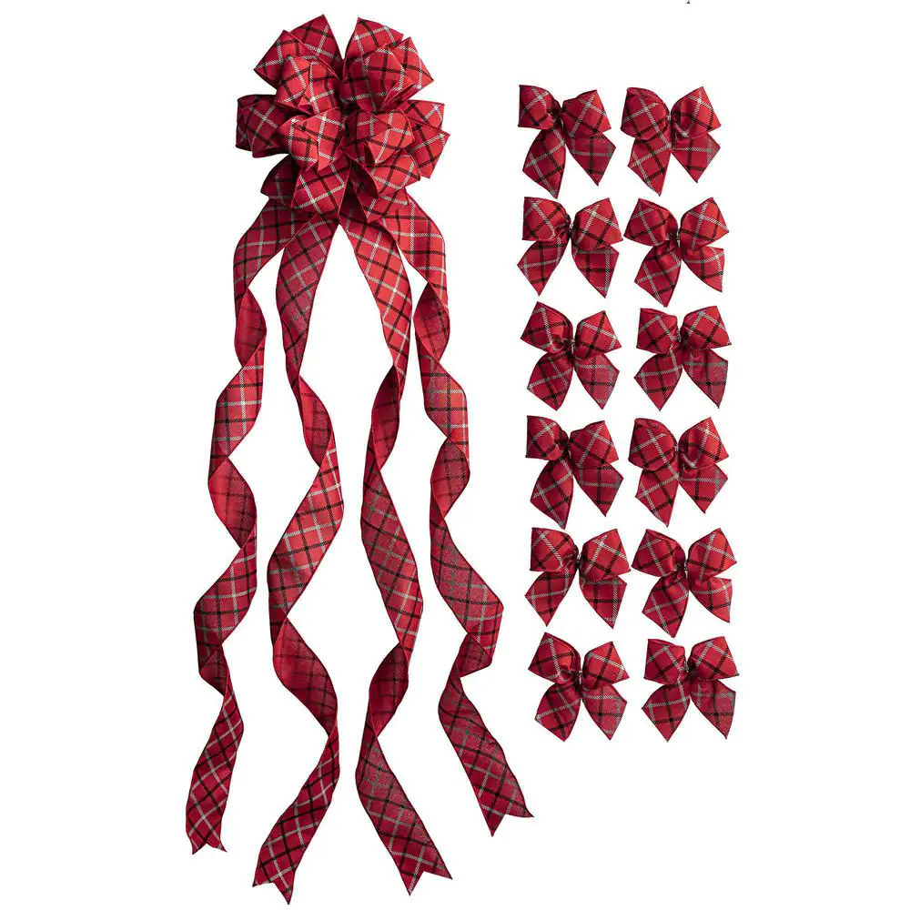 Red black and gray large windowpane plaid ribbon christmas tree topper bow and