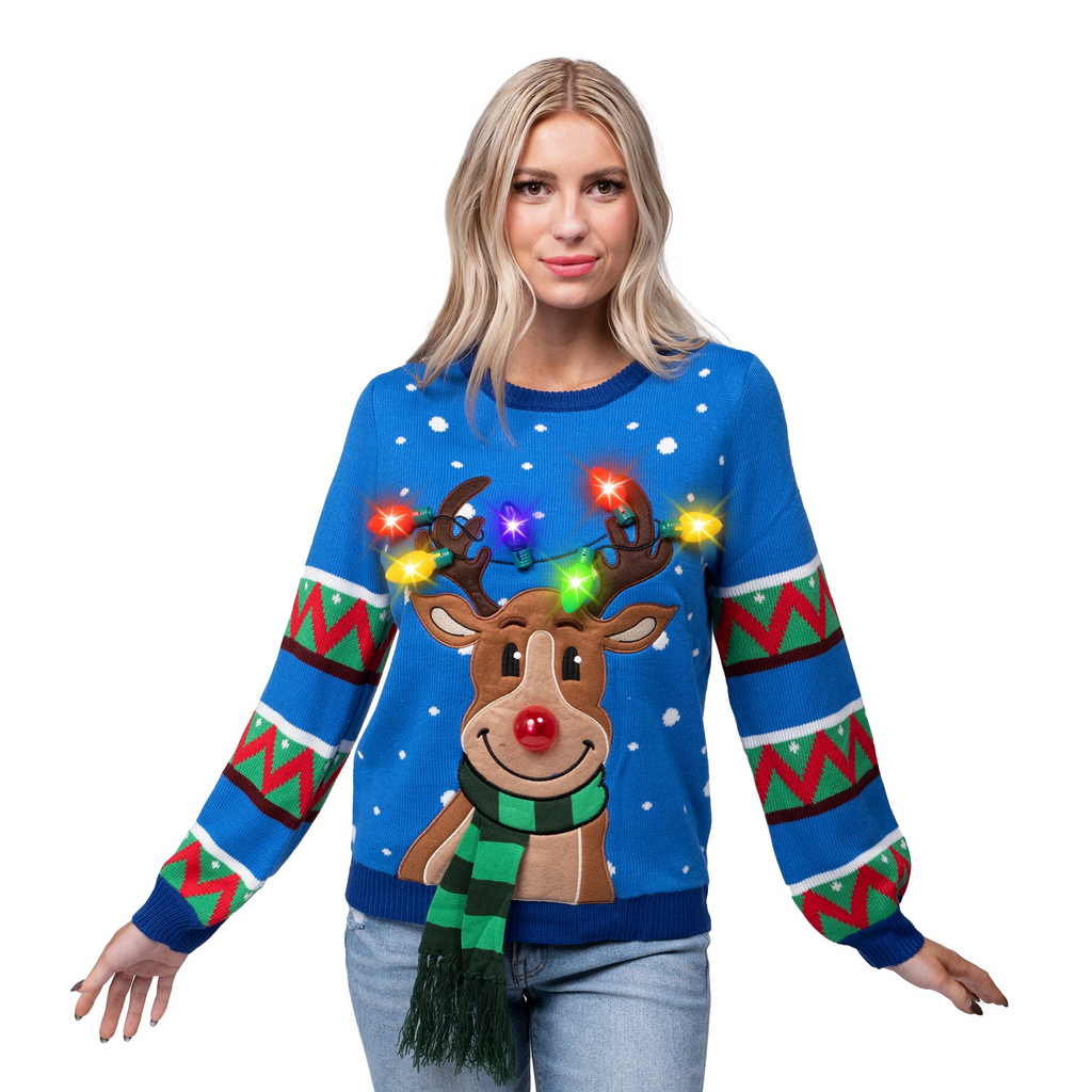 Adult reindeer ugly blue sweater with light bulbs