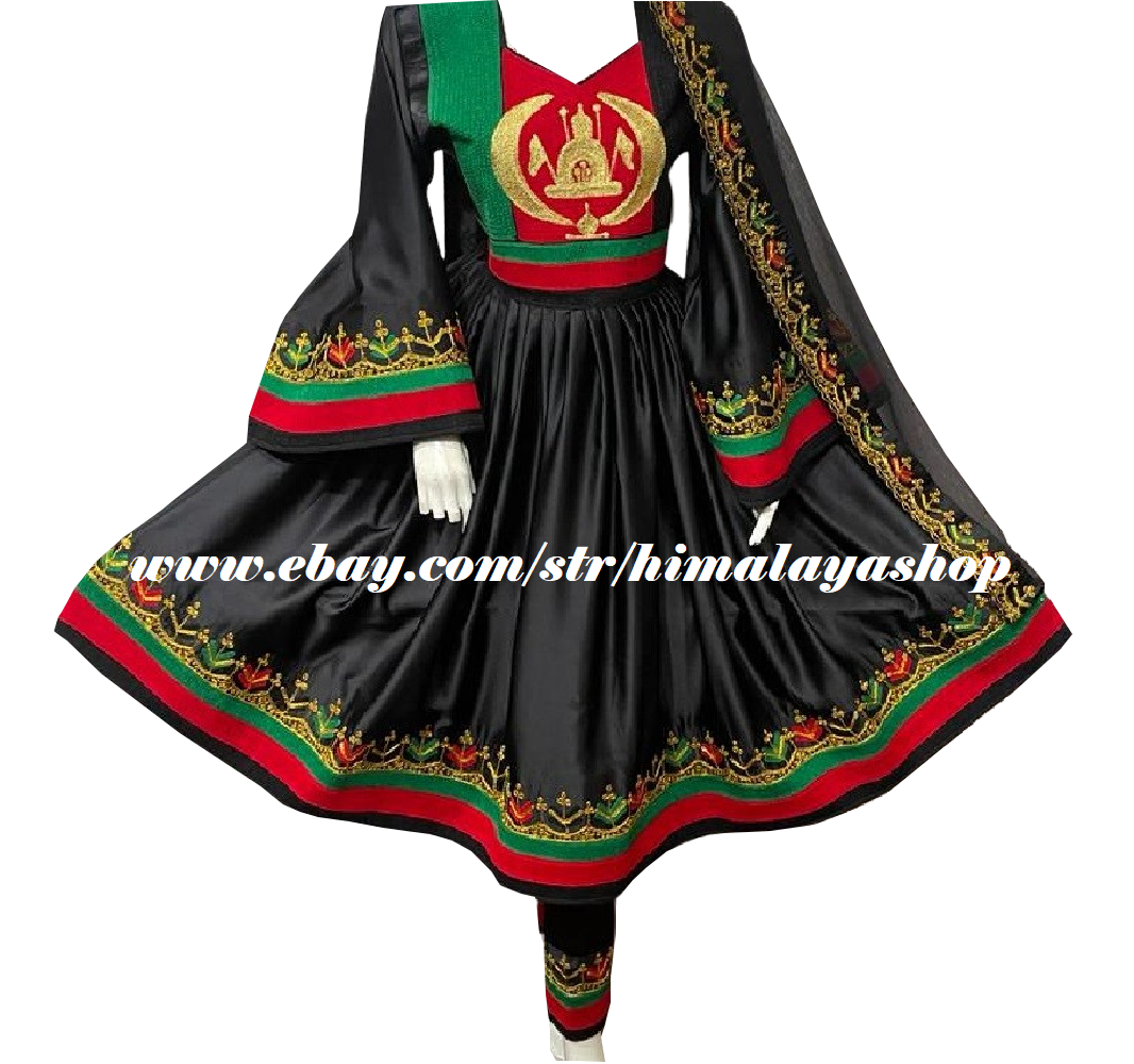 Afghan kuchi handmade three pieces black pathani dress afghani flag design