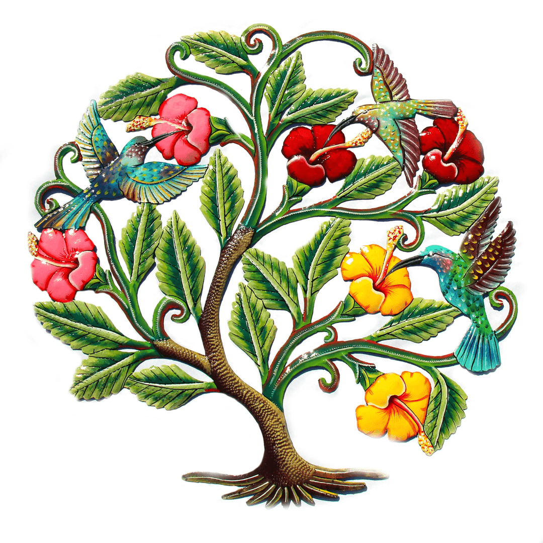Hummingbirds and flowers haitian metal drum wall art â