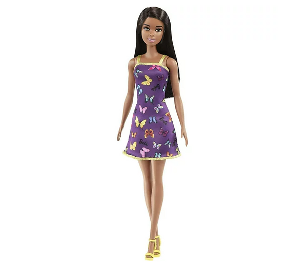 Barbie fashion doll with black hair dressed in colorful butterfly print dress shoppiis